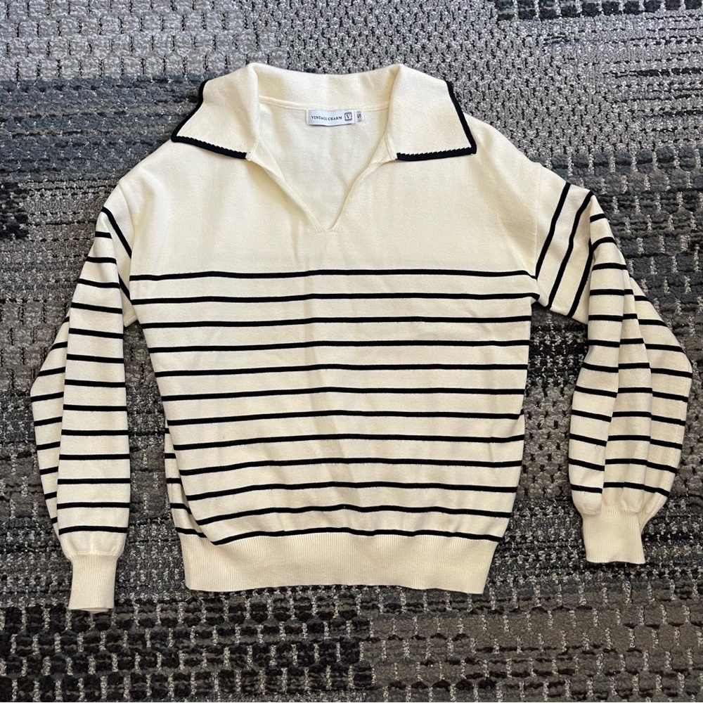 Vintage Charm V Neck Sweater with Collar, Cream with Black Stripes, Size Small